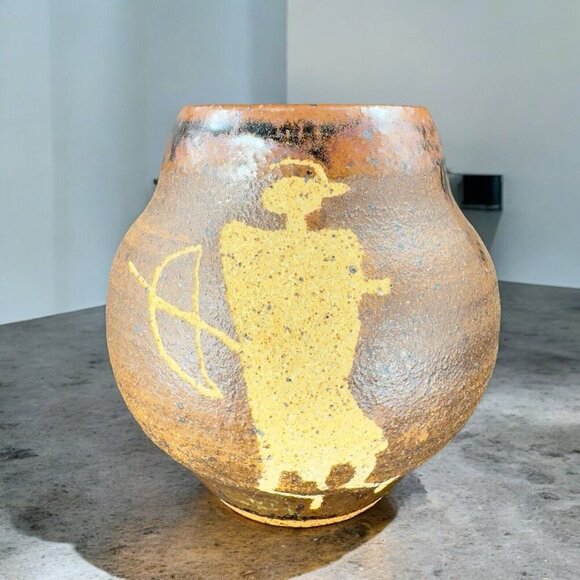 1997 Hand Made Primitive Style Pottery Vase Vessel Carved Brown Drip Glaze Vase - Picture 1 of 16